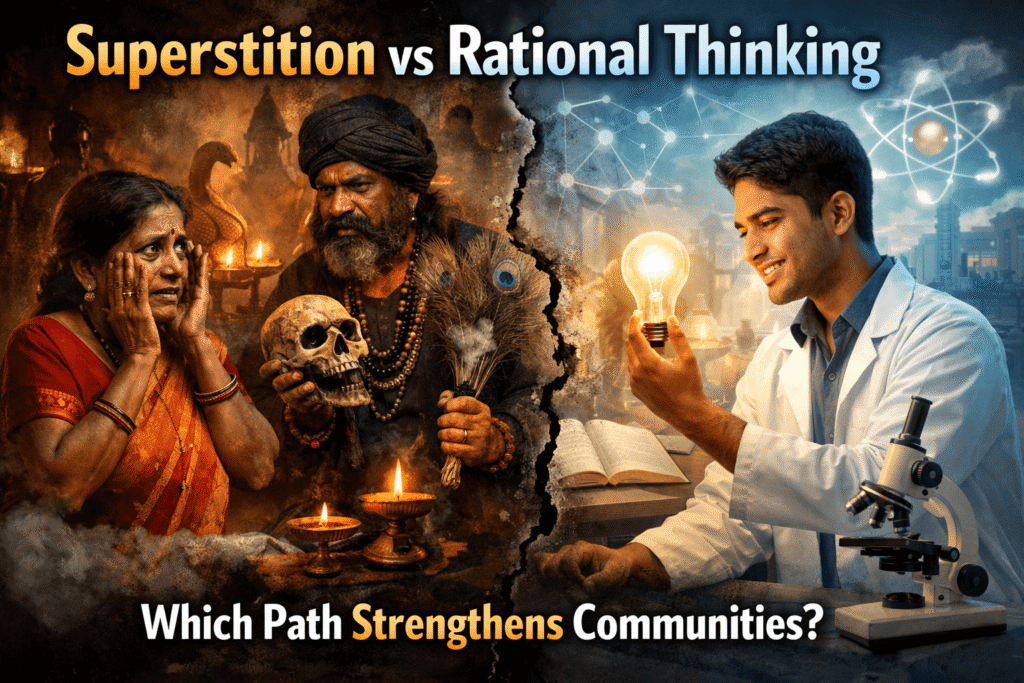 superstition in Indian society contrasted with rational thinking and scientific awareness