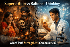 superstition in Indian society contrasted with rational thinking and scientific awareness