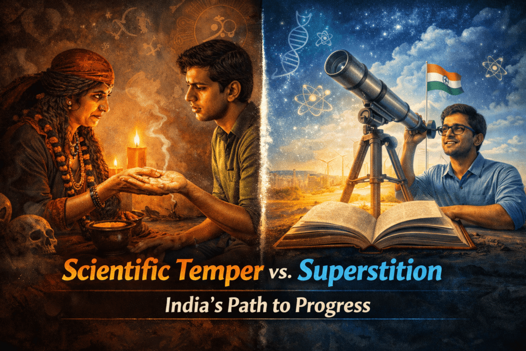scientific temper in India contrasted with superstition, showing evidence-based thinking empowering society