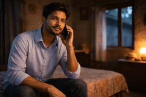 An ASRRA paranormal investigation team member calmly responding to a late-night distress call, symbolizing ethical support, trust, and availability across India